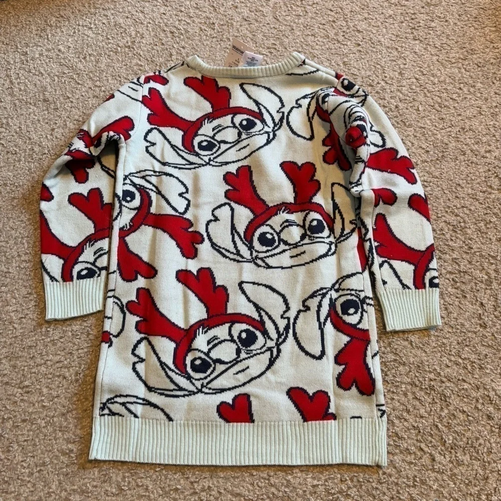 Disney Stitch Christmas Sweater Dress NEW Blue Red Reindeer Ears 6/6X